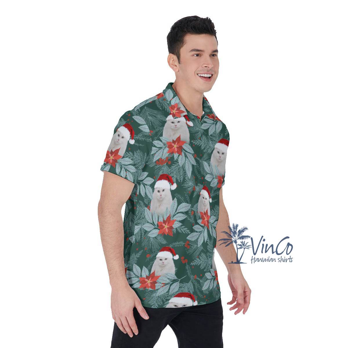 Personalize Photo Cat Face Christmas Hawaiian Polo Shirt For Men