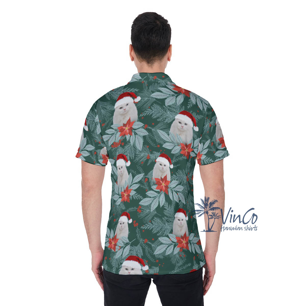 Personalize Photo Cat Face Christmas Hawaiian Polo Shirt For Men