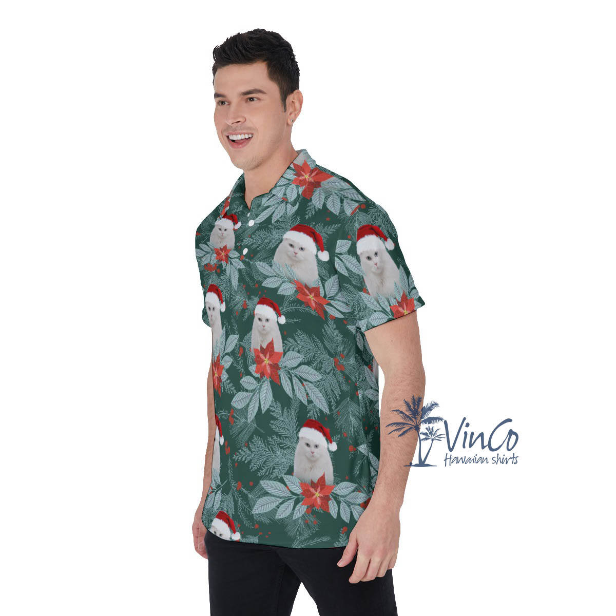 Personalize Photo Cat Face Christmas Hawaiian Polo Shirt For Men