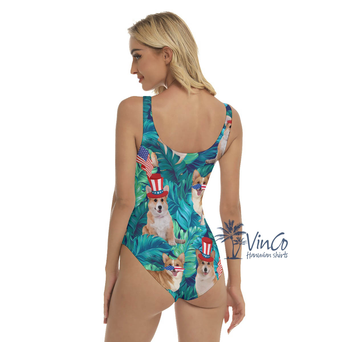 Funny Corgi 4th Of July Tropical Hawaiian Swimsuit