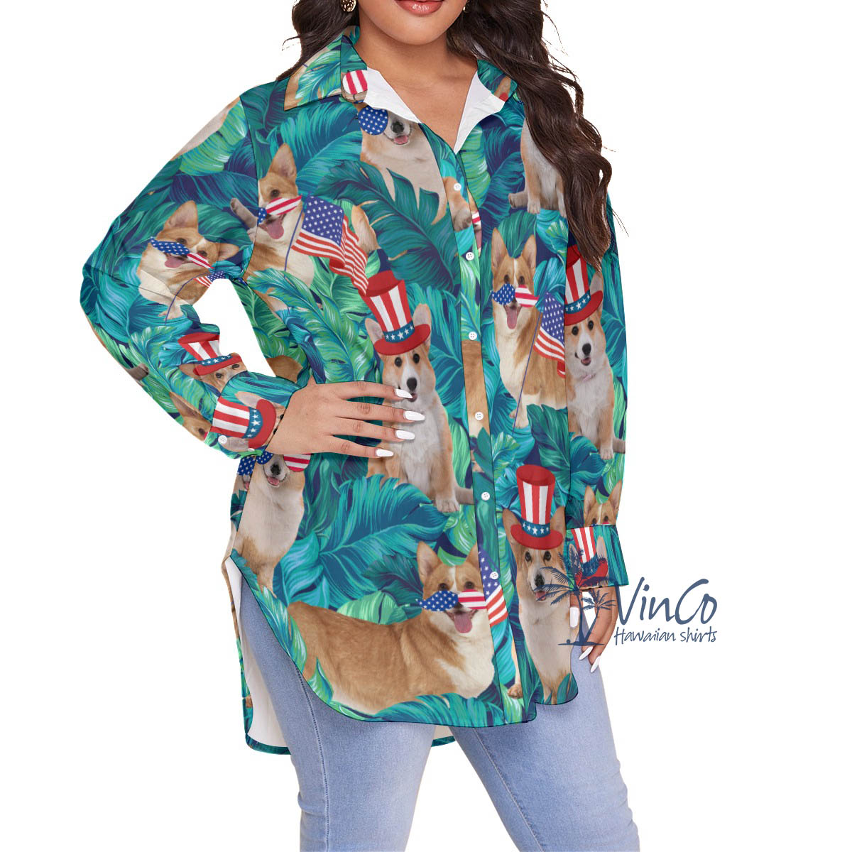 Funny Corgi 4th Of July Women's Hawaiian Plus Size Shirt