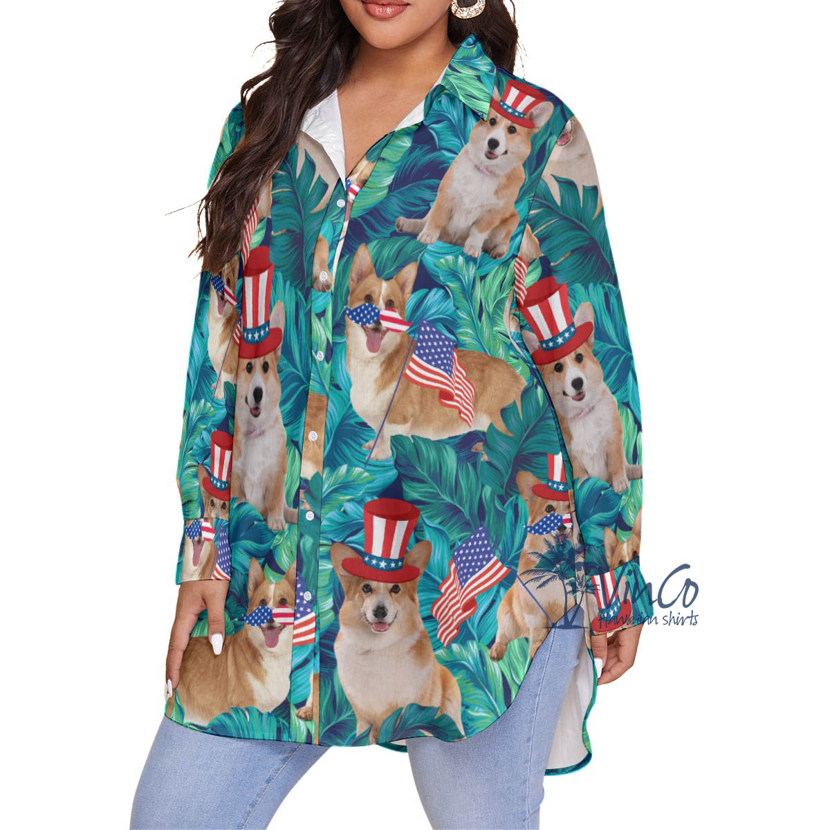 Funny Corgi 4th Of July Women's Hawaiian Plus Size Shirt