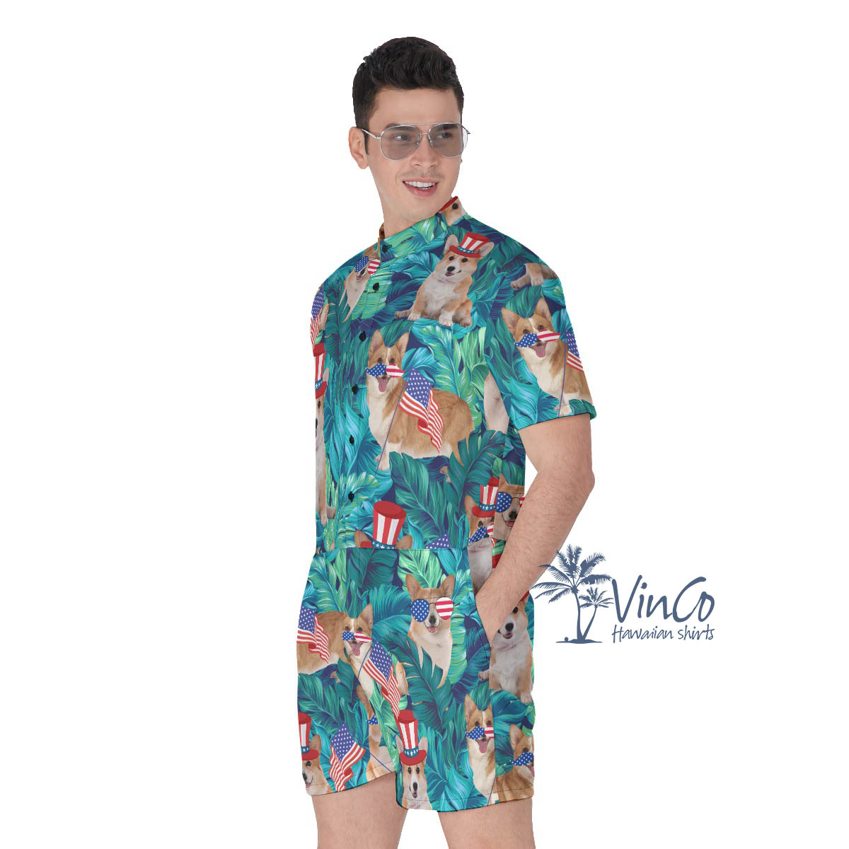 Funny Corgi Tropical Patriotic Men's Hawaiian Romper For Men