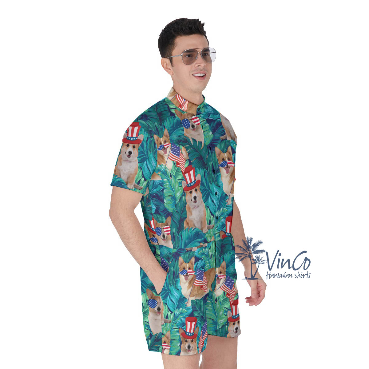 Funny Corgi Tropical Patriotic Men's Hawaiian Romper For Men