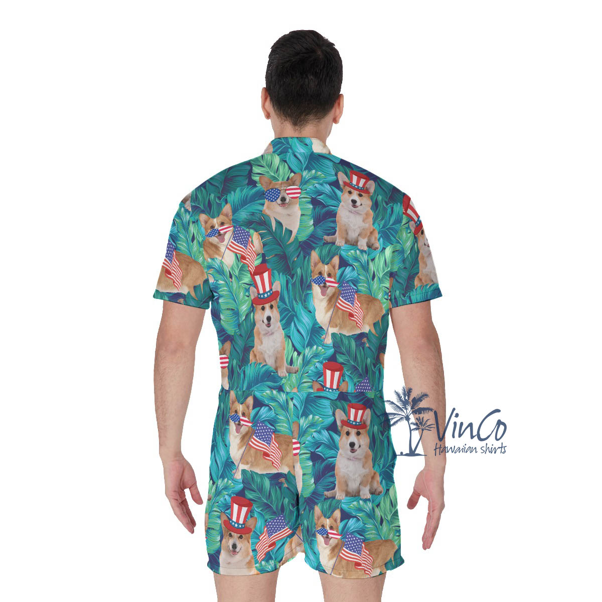 Funny Corgi Tropical Patriotic Men's Hawaiian Romper For Men