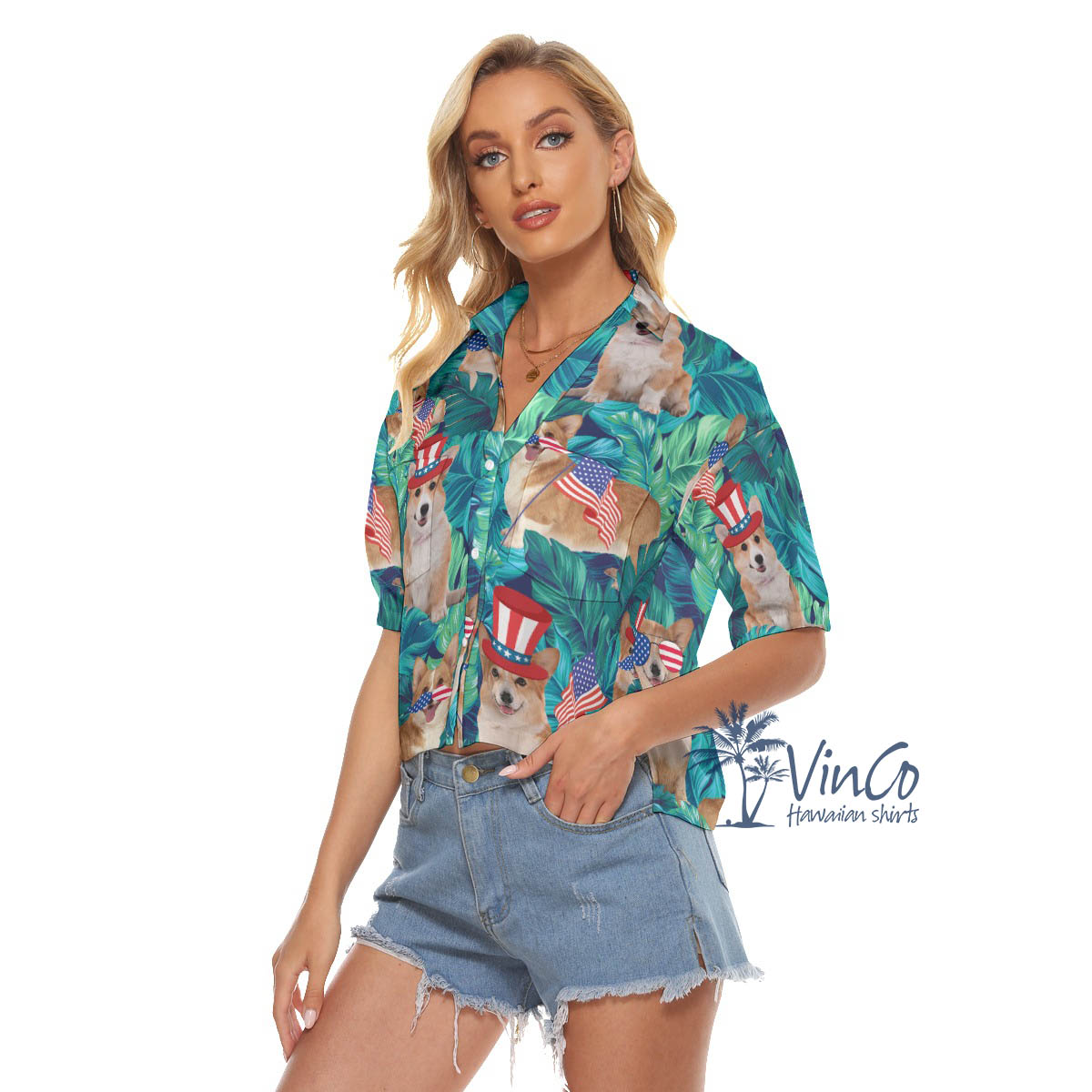 Funny Corgi American Flag Tropical Aloha Crop Top Shirt