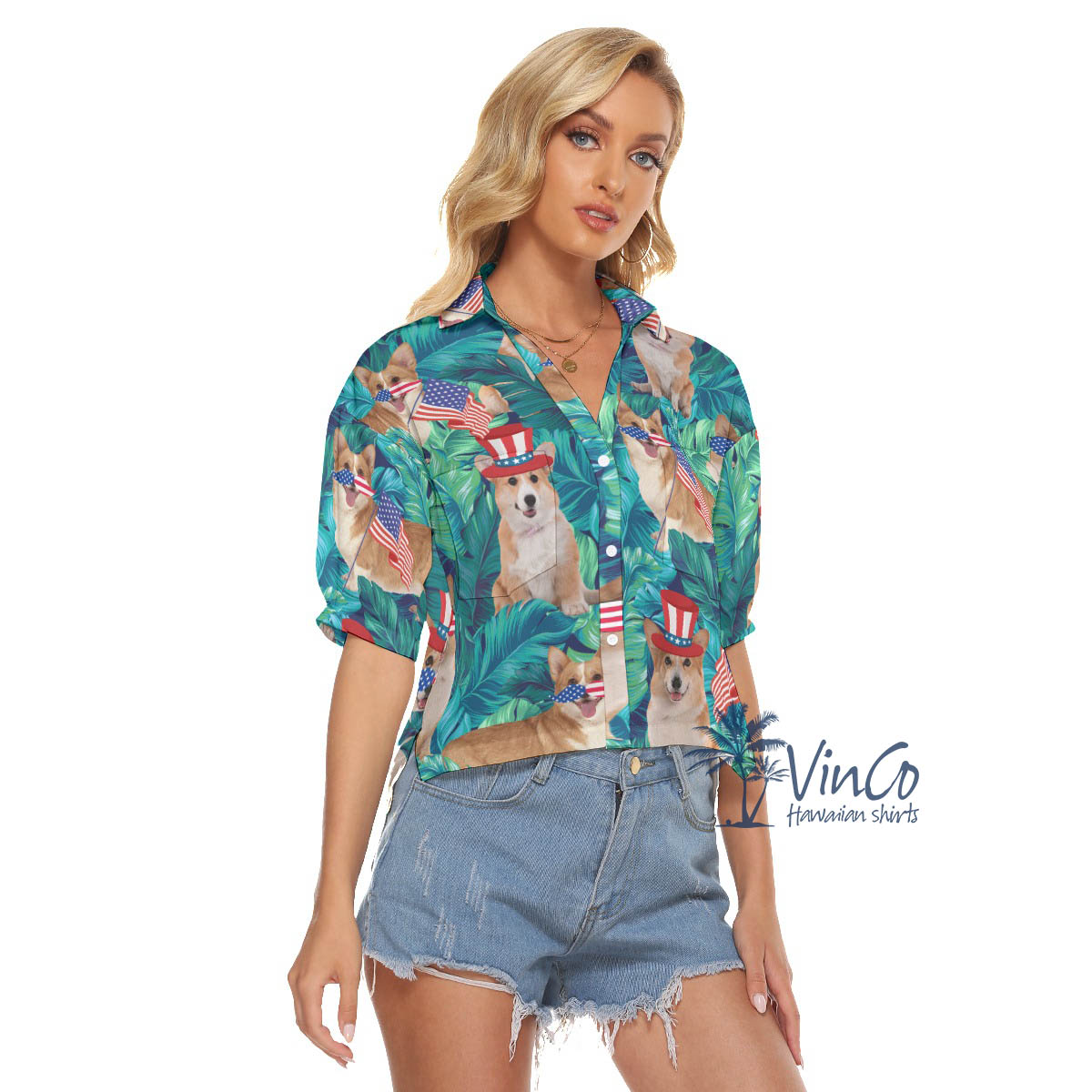 Funny Corgi American Flag Tropical Aloha Crop Top Shirt