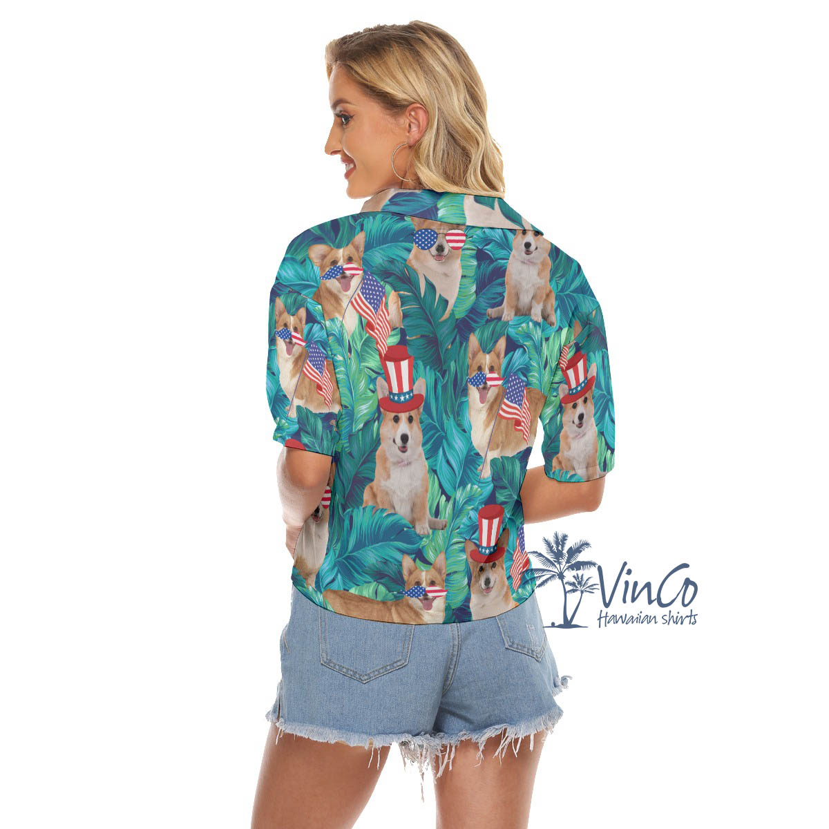 Funny Corgi American Flag Tropical Aloha Crop Top Shirt