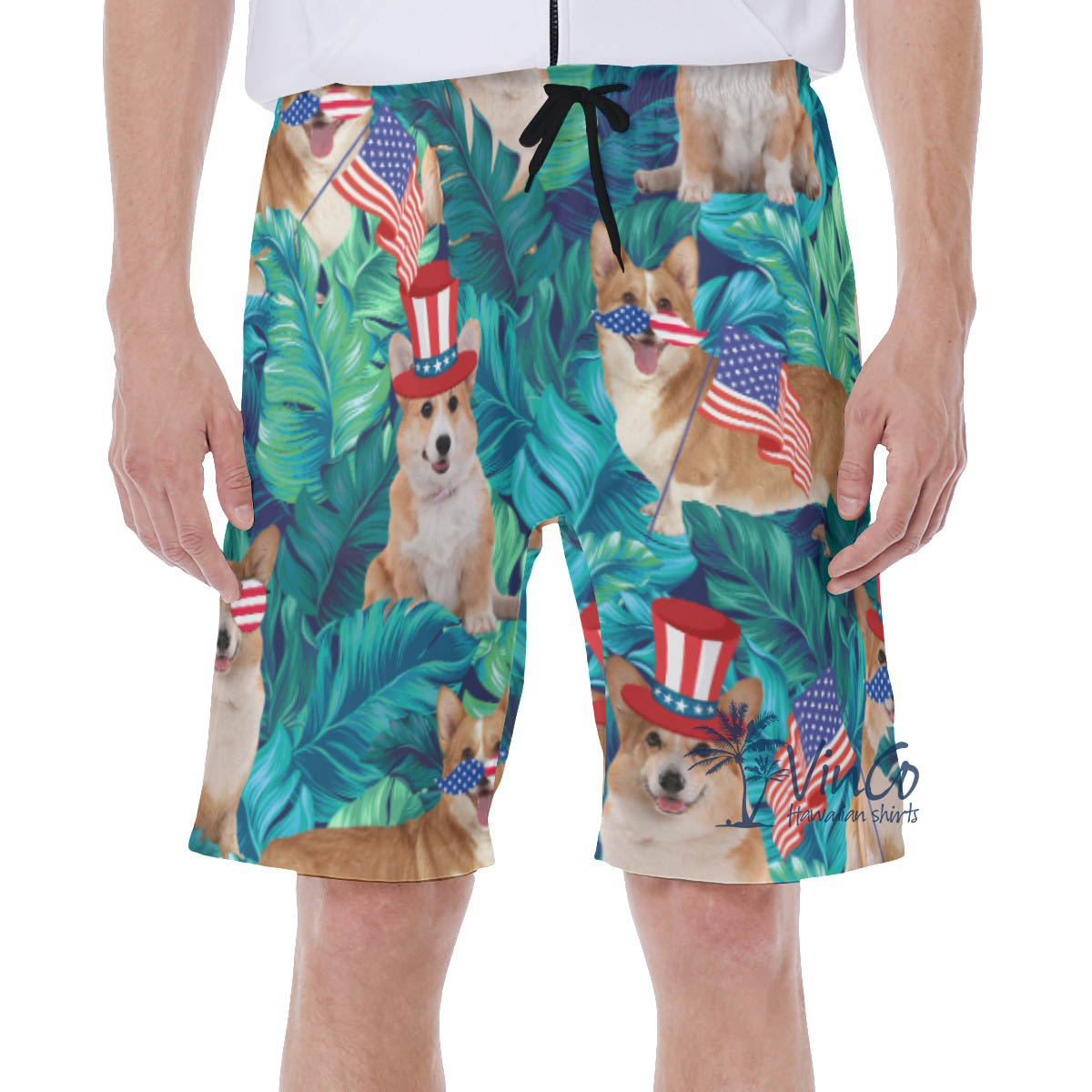 Tropical Patriotic Corgi American Flag Hawaiian Swimwear - variant image 1