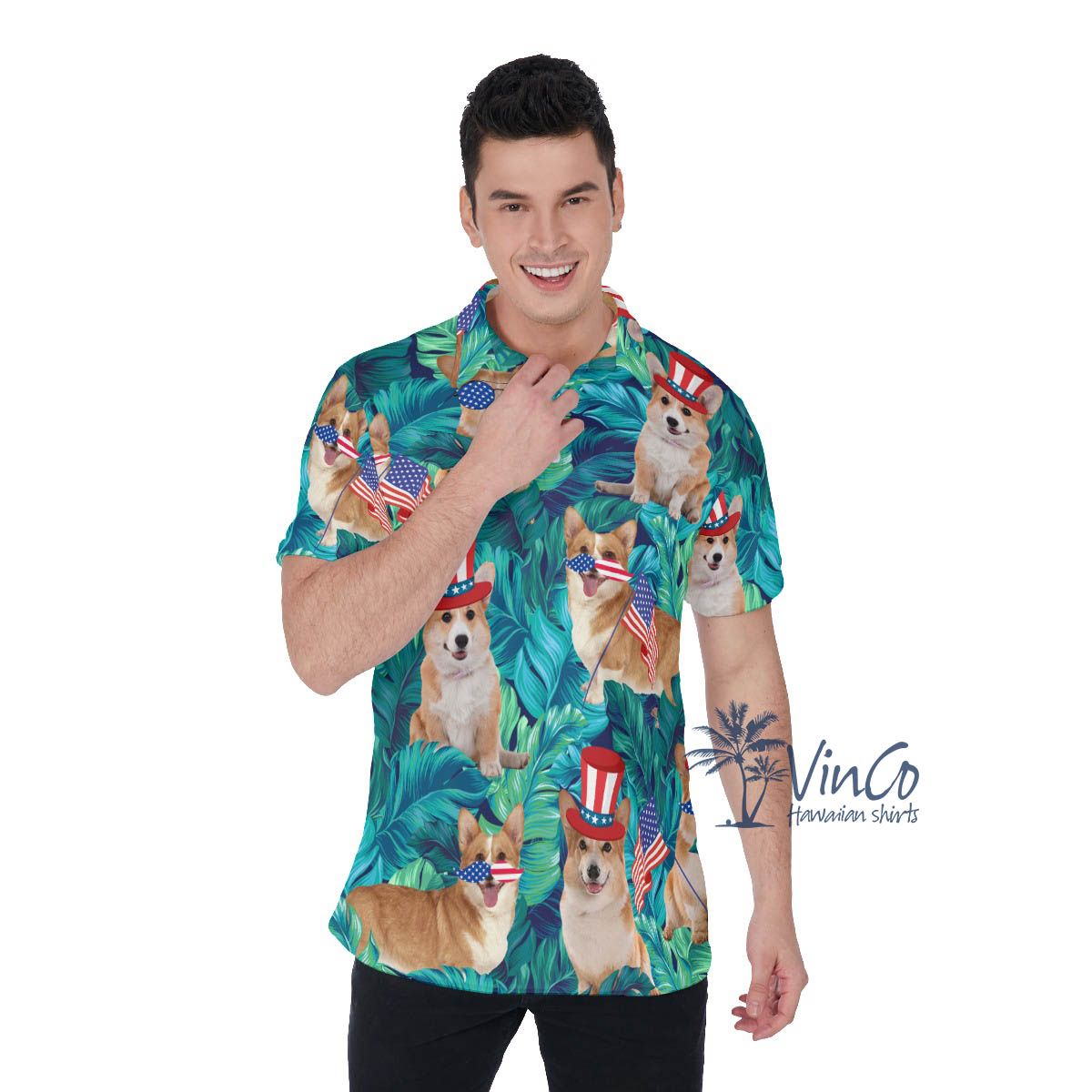 Funny Corgi American Flag Tropical Hawaiian Polo Shirt For Men - variant image 1