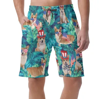 Funny Corgi Patriotic Tropical Leave Hawaiian Beach Shorts