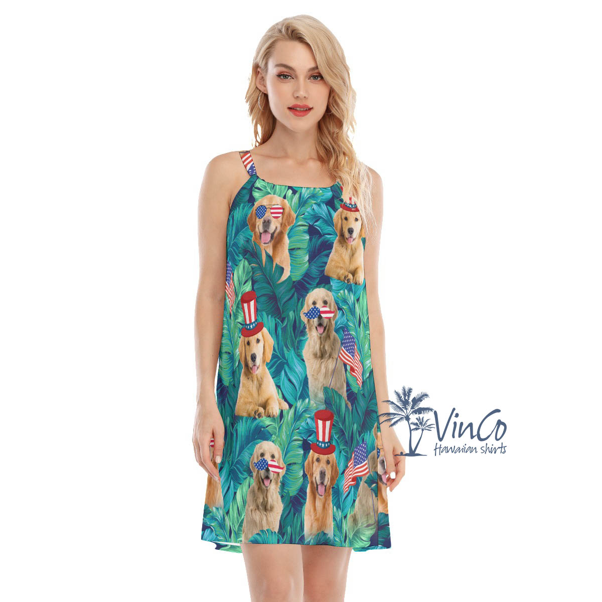 Funny Golden Retrieve Patriotic Tropical Women's Hawaiian Dress - variant image 1