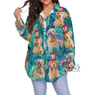 4th Of July Golden Retrieve Tropical Hawaiian Oversize Shirt For Women