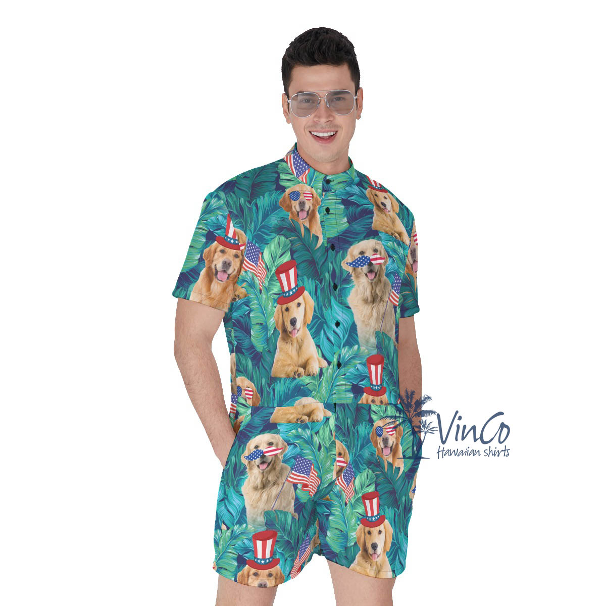 Funny Golden Retrieve 4th Of July Hawaiian Romper For Men - variant image 1
