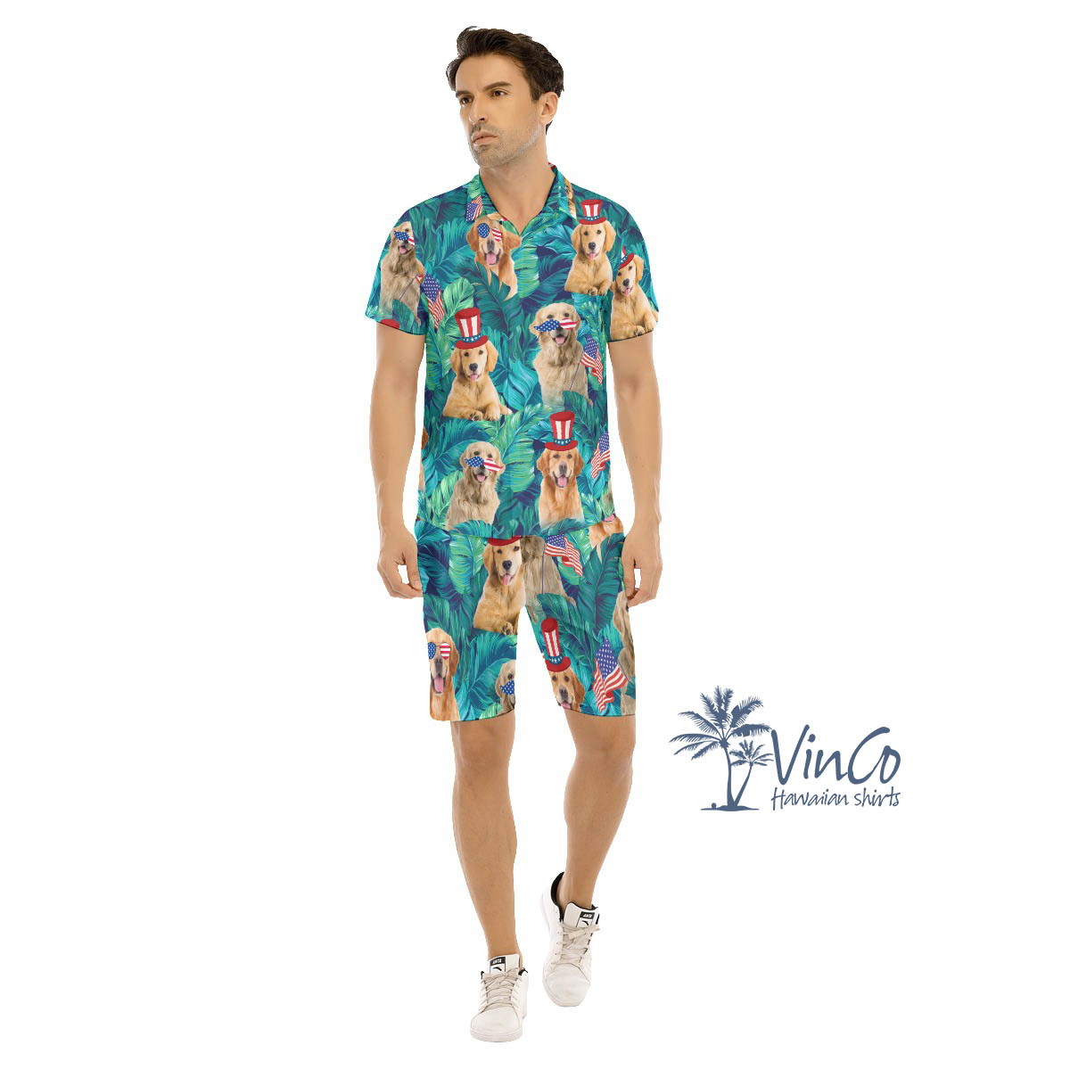 Tropical Golden Retrieve Patriotic Hawaiian Shirt And Shorts For Men - variant image 1