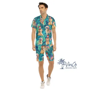 Tropical Golden Retrieve Patriotic Hawaiian Shirt And Shorts For Men