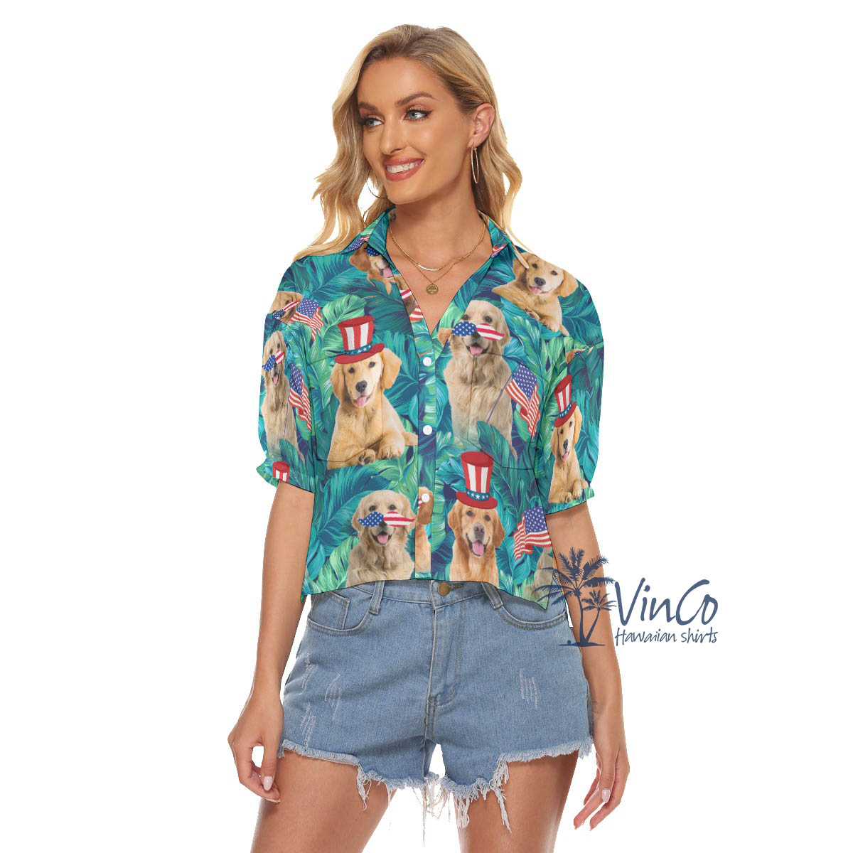 Tropical Golden Retrieve 4th Of July Aloha Crop Top Shirt For Women - variant image 1