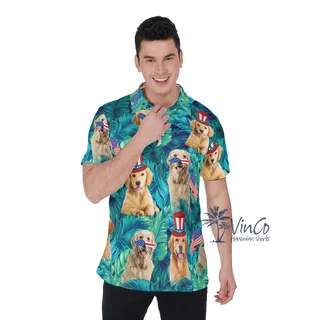 Funny Golden Retrieve 4th Of July Hawaiian Polo Shirt