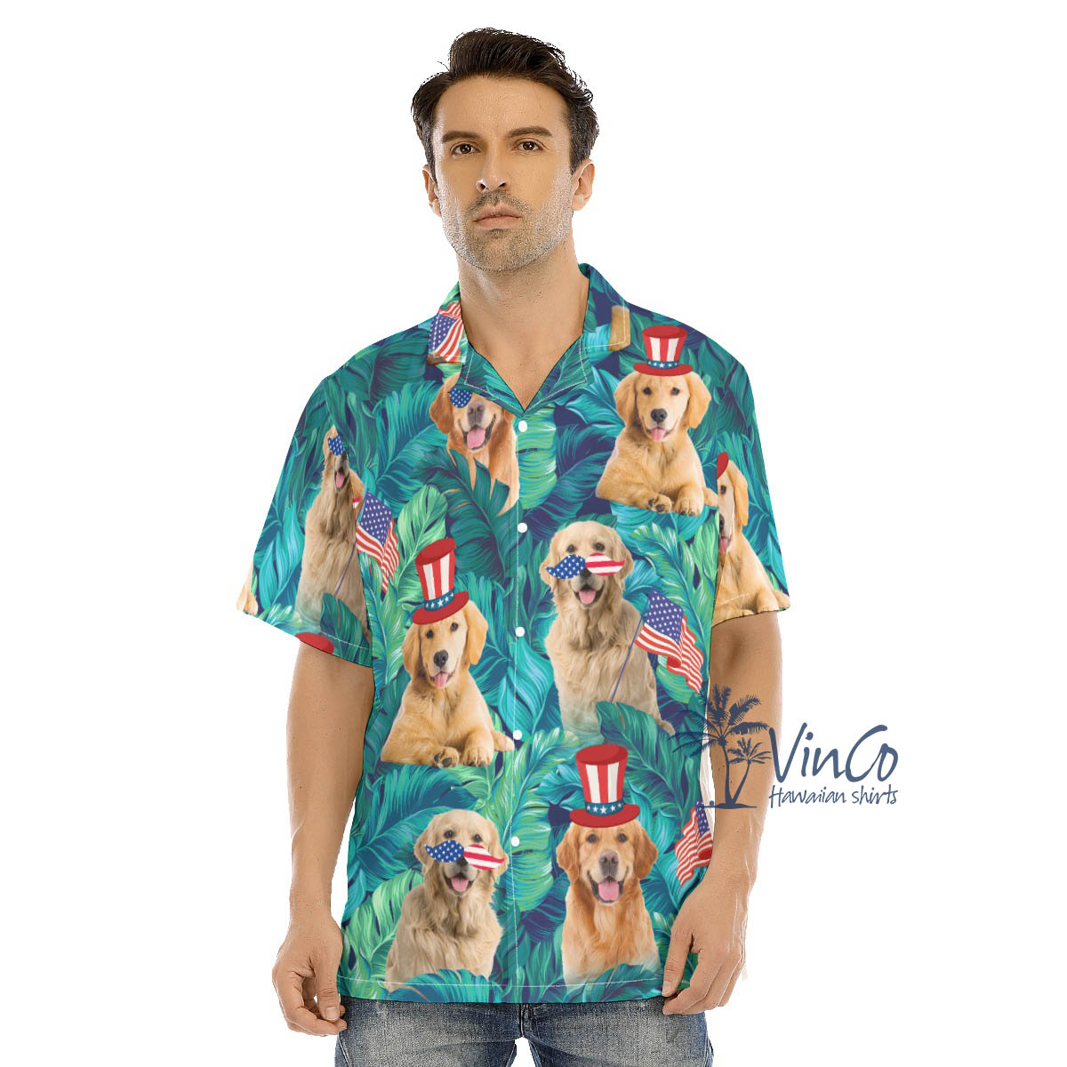 Funny Patriotic Golden Retrieve Tropical Hawaiian Shirt - variant image 1