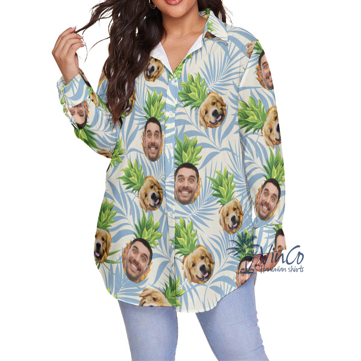 Custom Dog Face Pineapple Oversize Hawaiian Shirt For Women - variant image 1