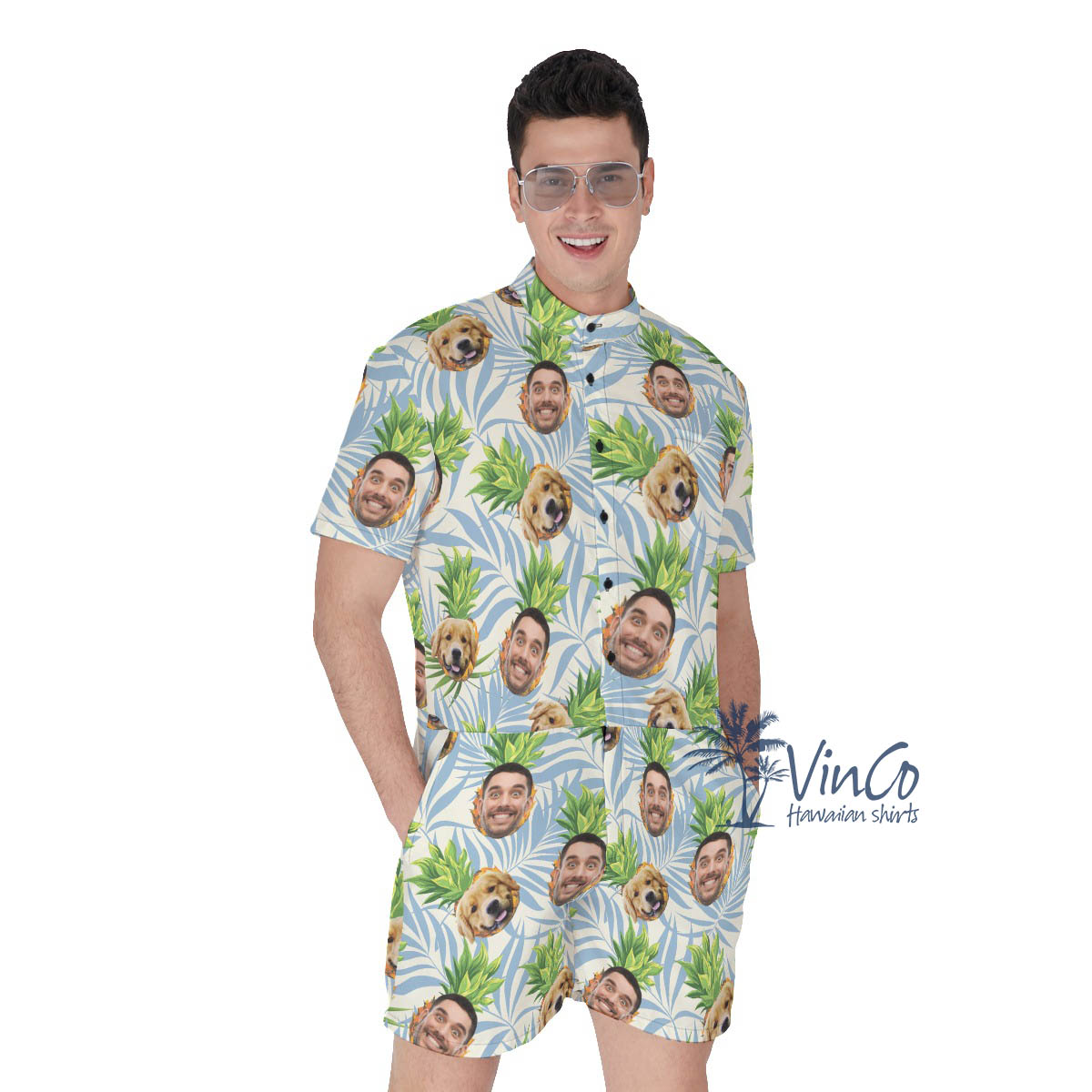 Custom Multiple Face Hawaiian Romper With Dog For Men - variant image 1