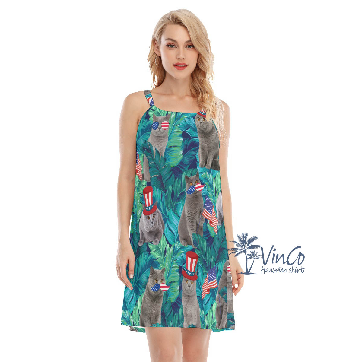 Funny Cat 4th Of July Tropical Leave Hawaiian Dresses For Women - variant image 1