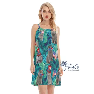 Funny Cat 4th Of July Tropical Leave Hawaiian Dresses For Women