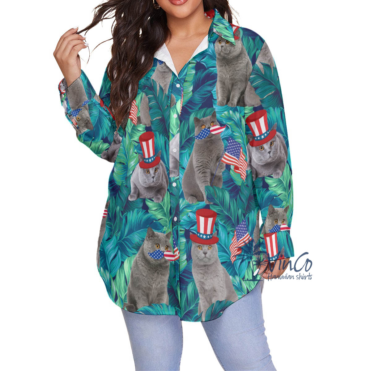 Funny Patriotic Cat Tropical Plus Size Hawaiian Shirt For Women - variant image 1
