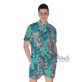 Tropical Patriotic Cat Men's Hawaiian Romper