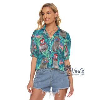 Funny Cat 4th Of July Tropical Hawaiian Crop Top Shirt For Women