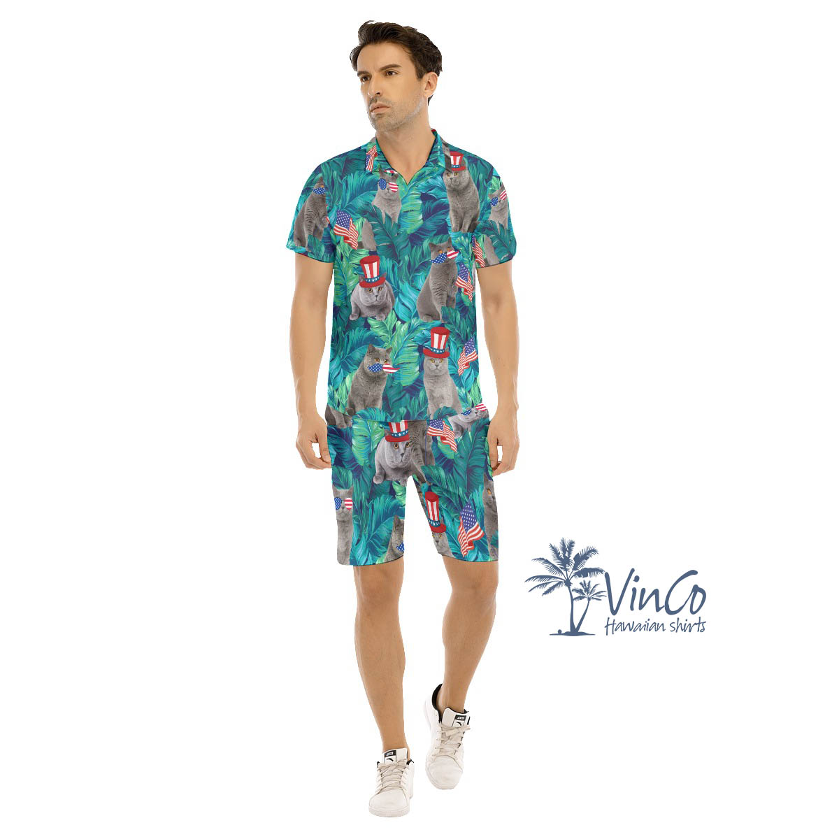 Set Patriotic Cat Tropical Hawaiian Shirt And Matching Shorts For Men - variant image 1