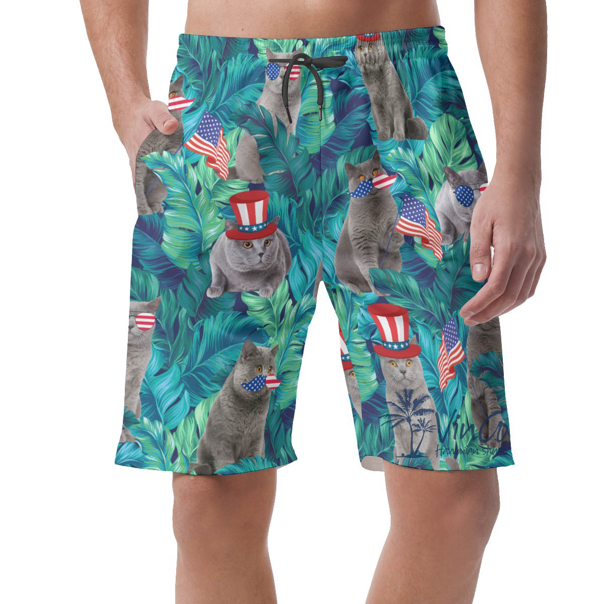 Funny Patriotic Cat Tropical Green Hawaiian Beach Shorts For Men - variant image 1