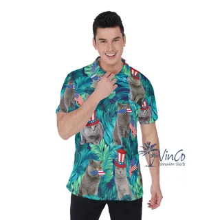 4th Of July Cat Tropical Hawaiian Polo Shirt For Men