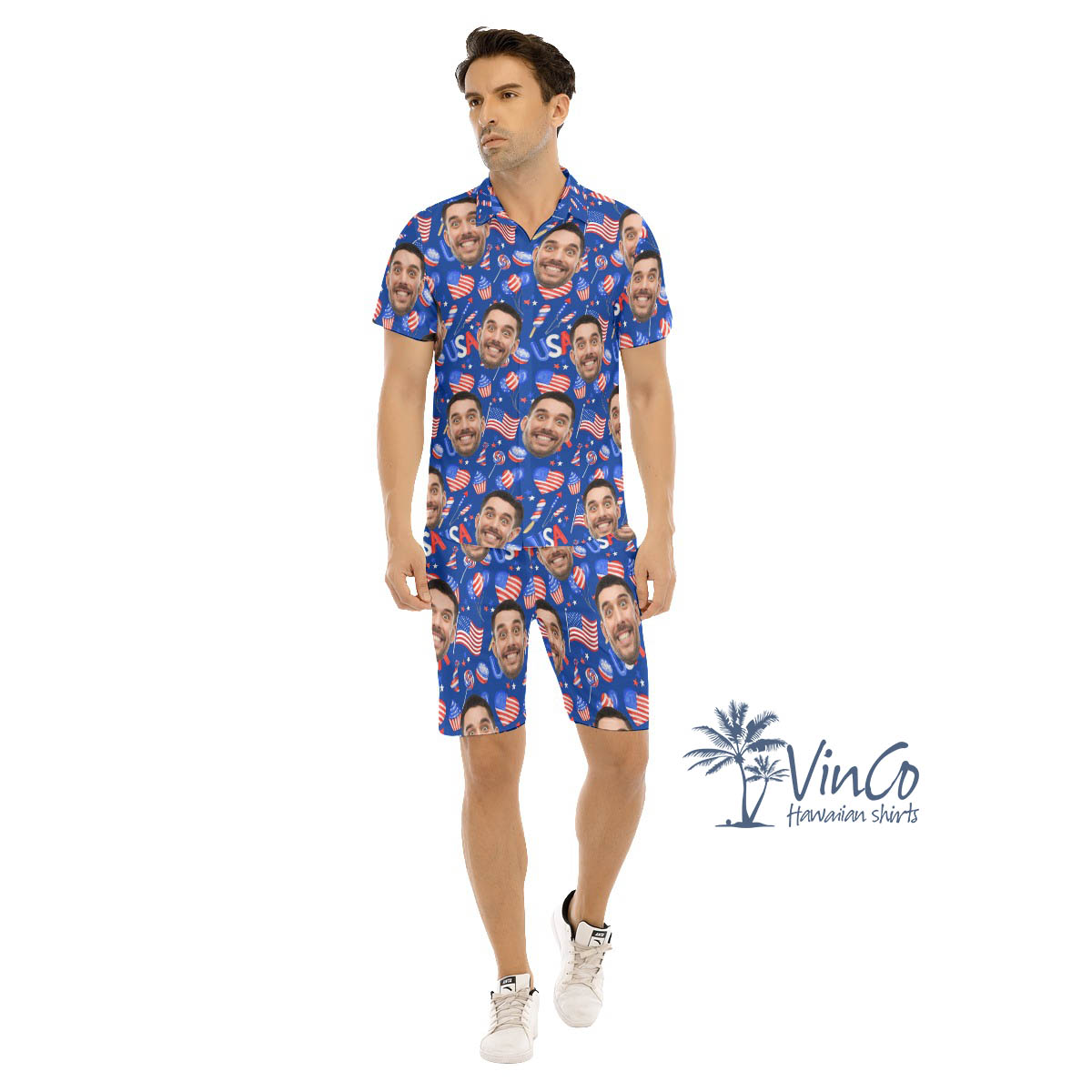 Custom Face Photo Patriotic Hawaiian Shirt Shorts For Men - variant image 1
