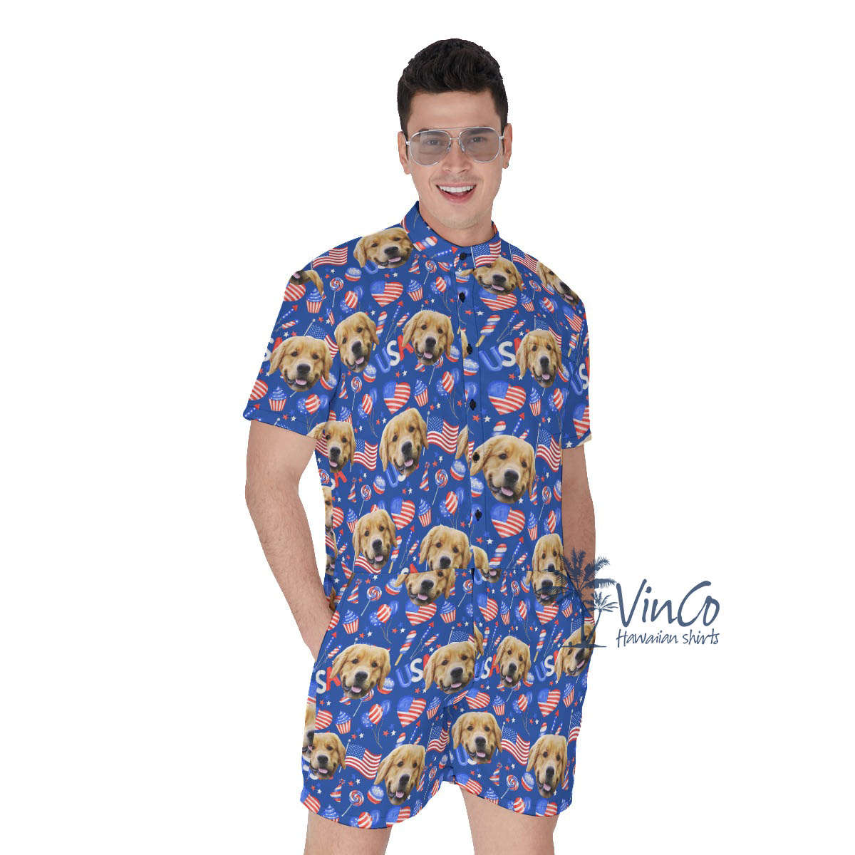 Custom Pet Face Patriotic Romper For Men - variant image 1