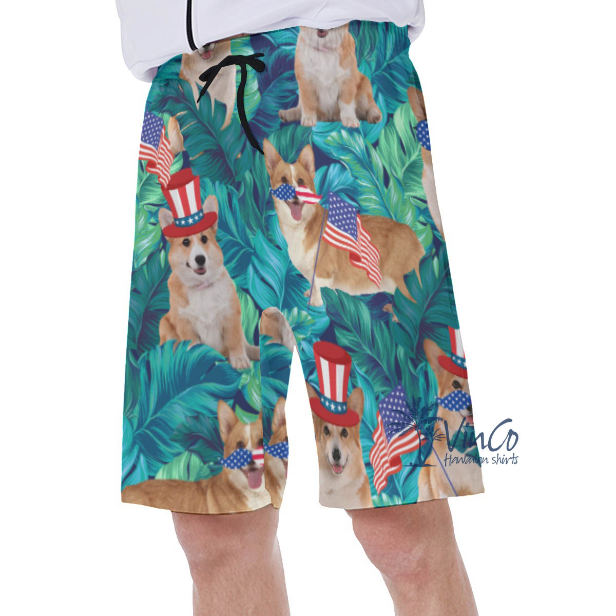 Tropical Patriotic Corgi American Flag Hawaiian Swimwear
