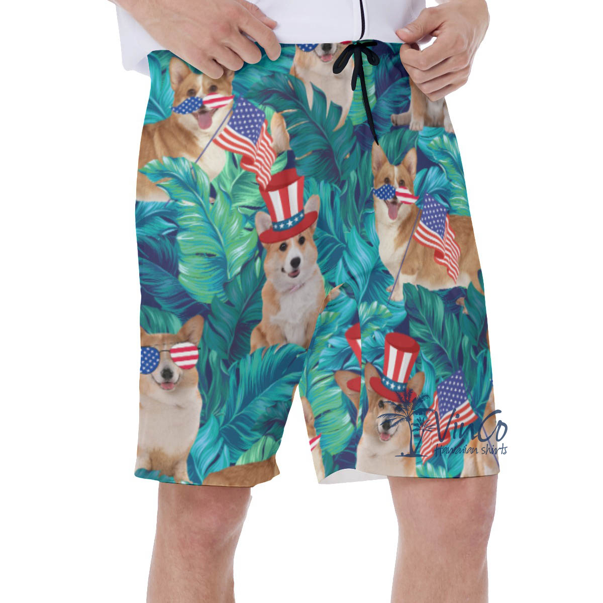 Tropical Patriotic Corgi American Flag Hawaiian Swimwear