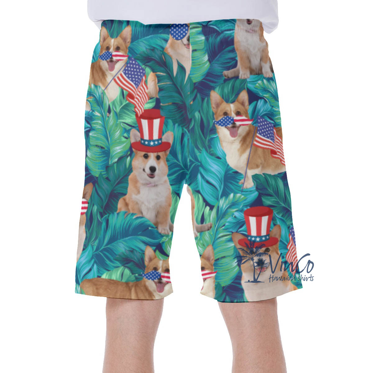 Tropical Patriotic Corgi American Flag Hawaiian Swimwear
