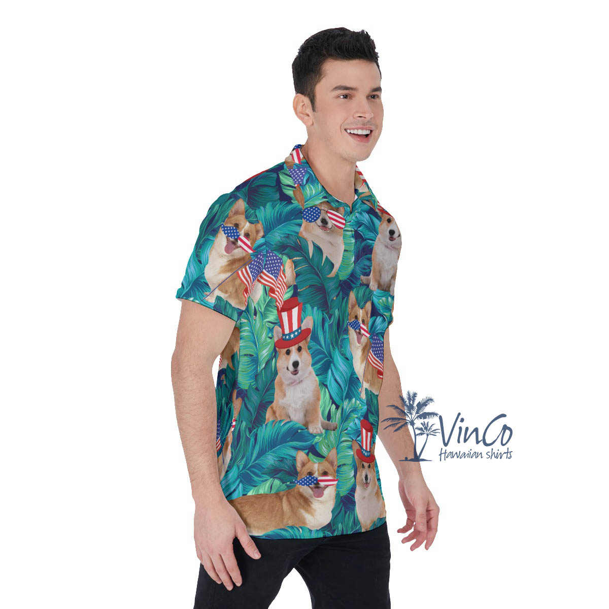 Funny Corgi American Flag Tropical Hawaiian Polo Shirt For Men