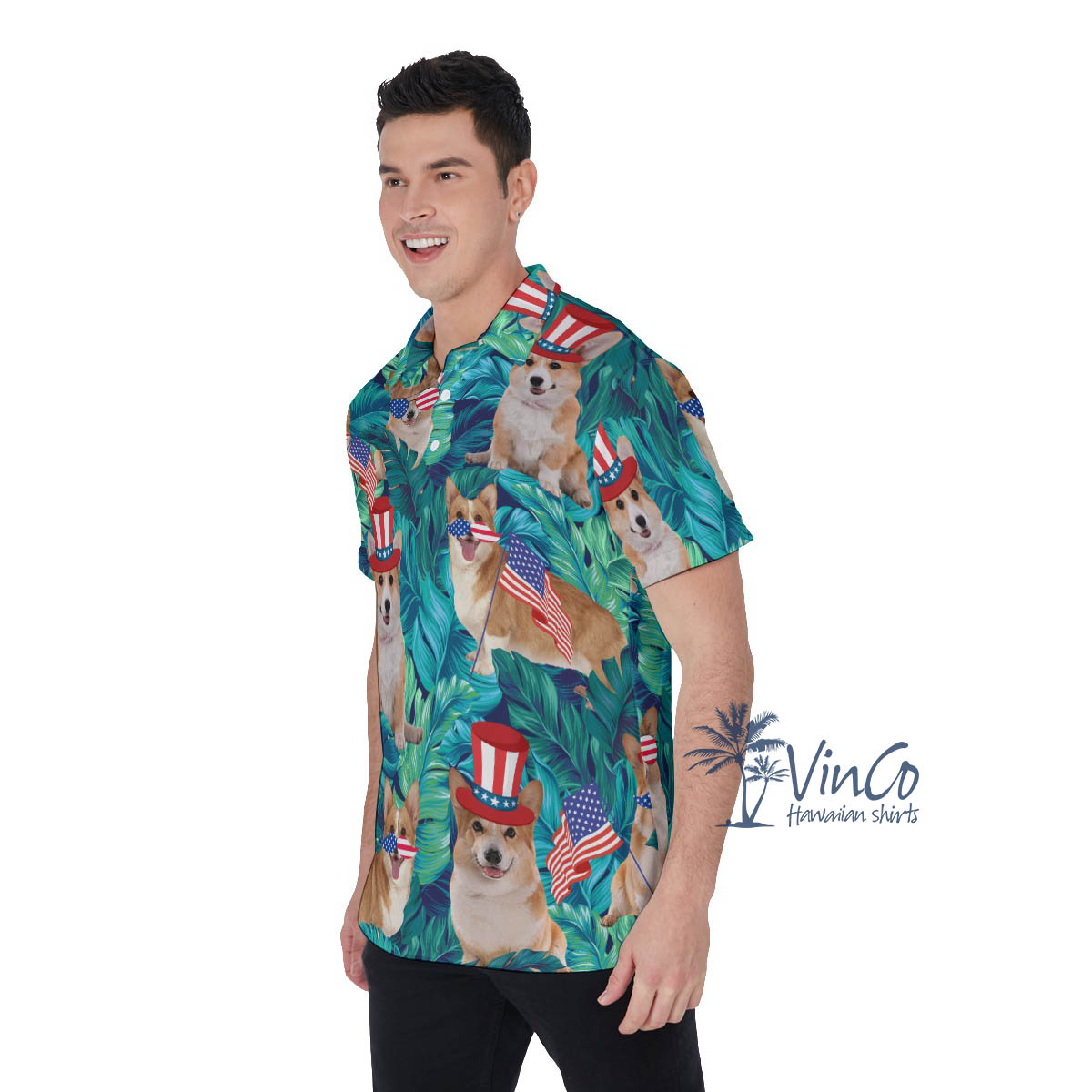 Funny Corgi American Flag Tropical Hawaiian Polo Shirt For Men