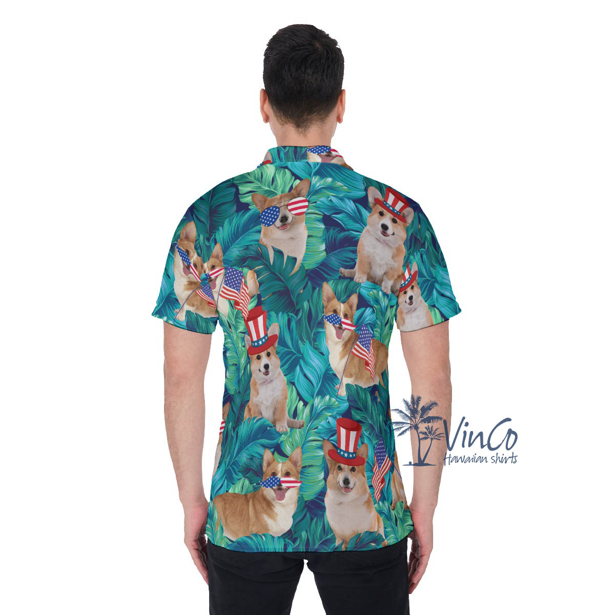 Funny Corgi American Flag Tropical Hawaiian Polo Shirt For Men