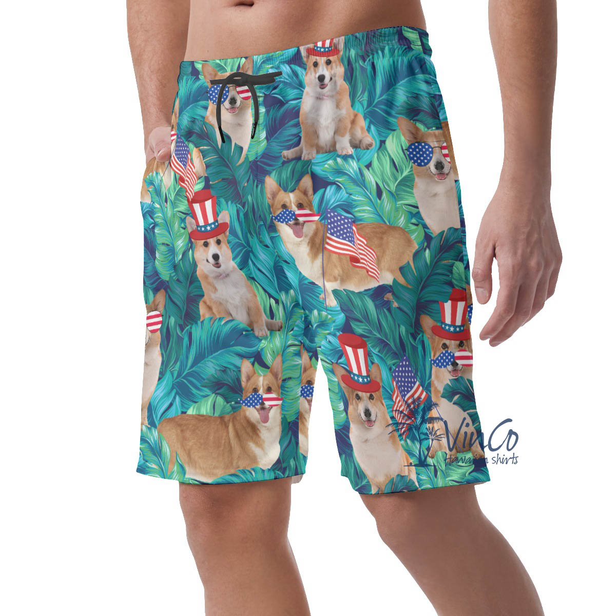 Funny Corgi Patriotic Tropical Leave Hawaiian Beach Shorts