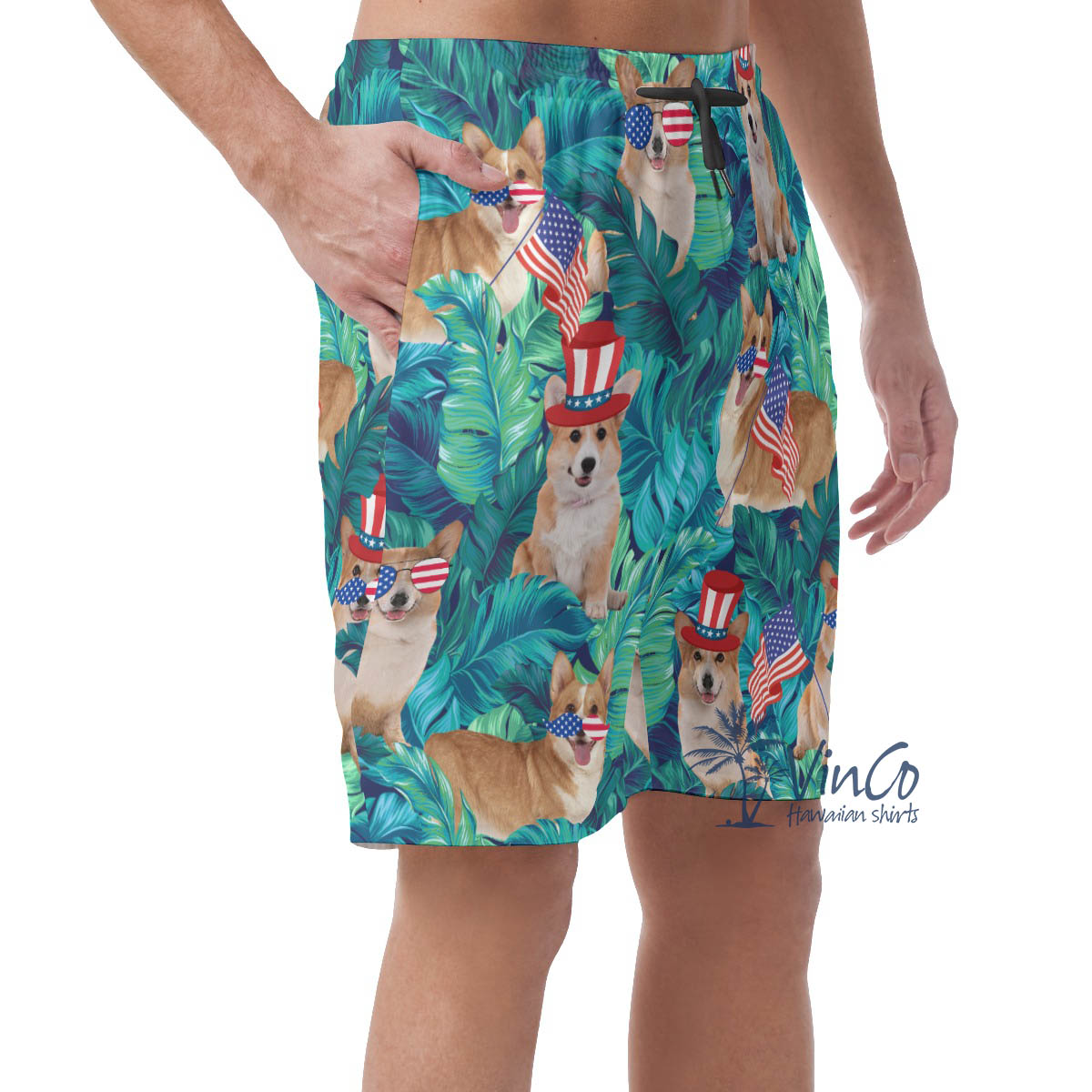Funny Corgi Patriotic Tropical Leave Hawaiian Beach Shorts