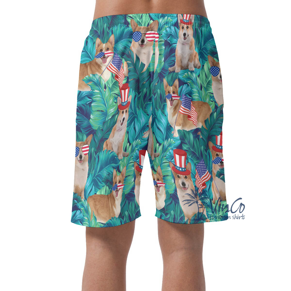 Funny Corgi Patriotic Tropical Leave Hawaiian Beach Shorts