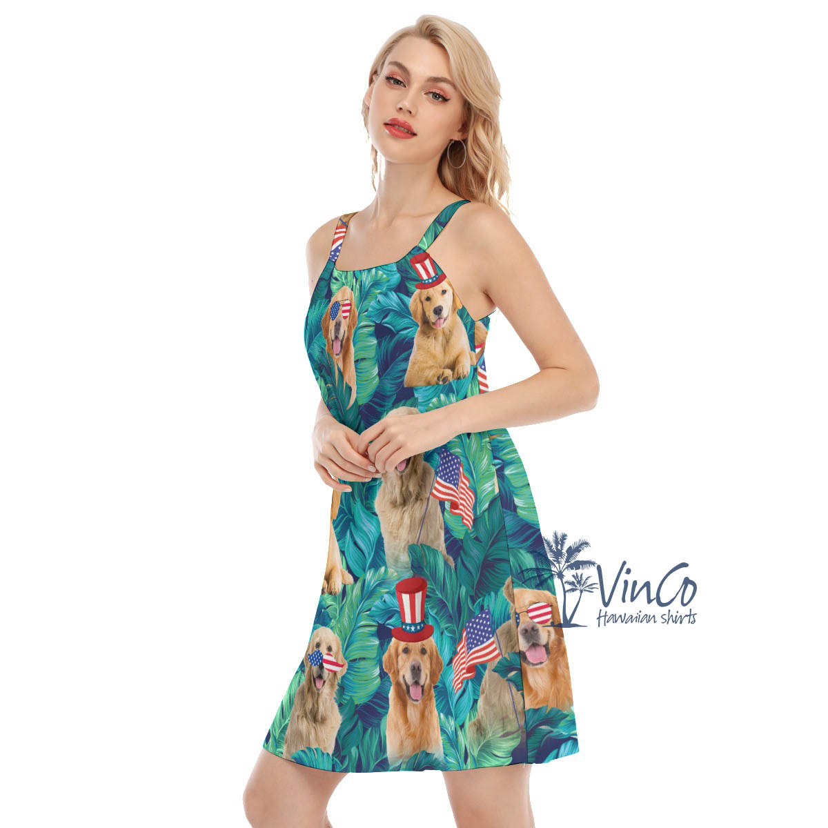 Funny Golden Retrieve Patriotic Tropical Women's Hawaiian Dress