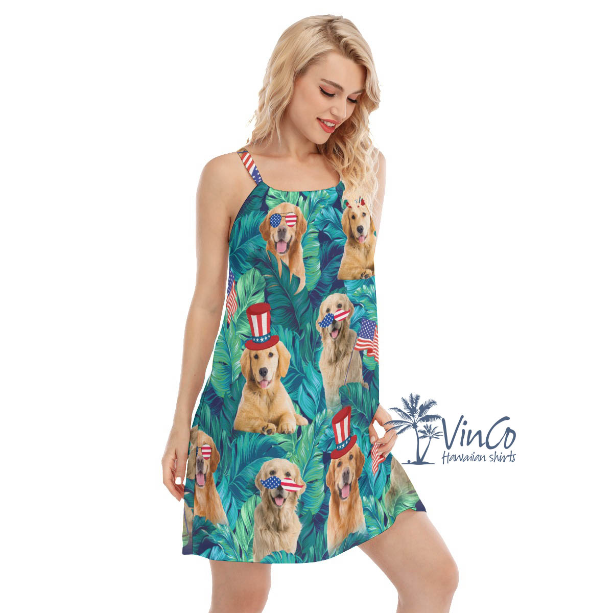 Funny Golden Retrieve Patriotic Tropical Women's Hawaiian Dress
