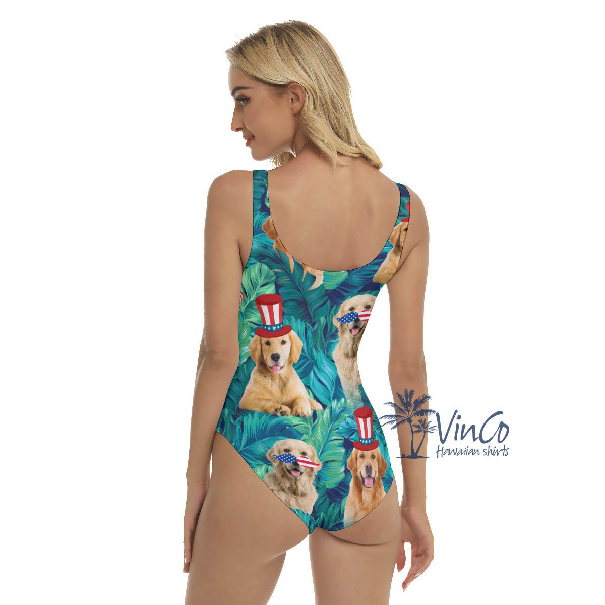 4th Of July Golden Retrieve Women's Tropical Hawaiian Swimsuit
