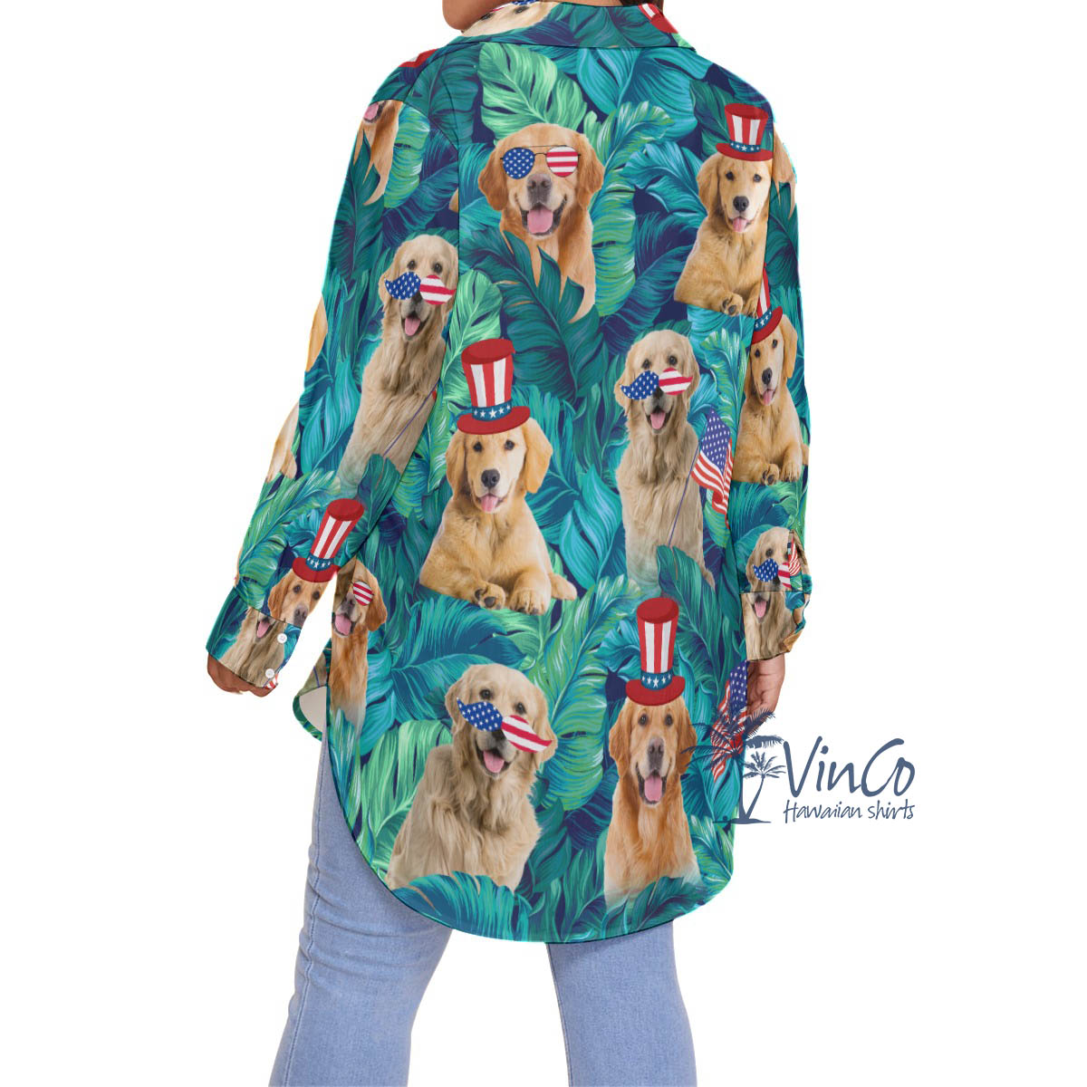 4th Of July Golden Retrieve Tropical Hawaiian Oversize Shirt For Women