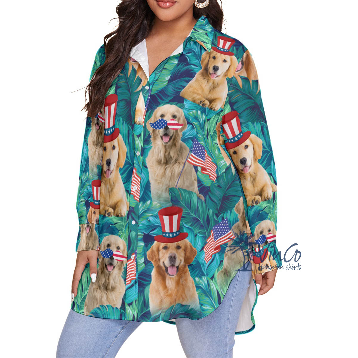 4th Of July Golden Retrieve Tropical Hawaiian Oversize Shirt For Women