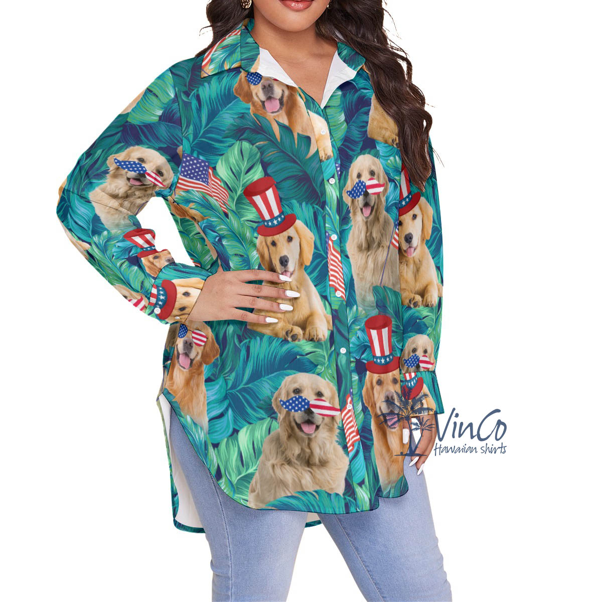 4th Of July Golden Retrieve Tropical Hawaiian Oversize Shirt For Women